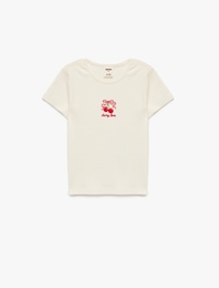 Kısa Kollu Bisiklet Yaka Kiraz Nakışlı Pamuklu Tişört