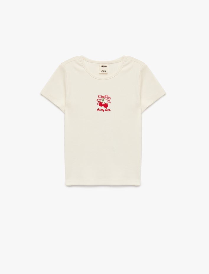 Kız Bebek Kısa Kollu Bisiklet Yaka Kiraz Nakışlı Pamuklu Tişört