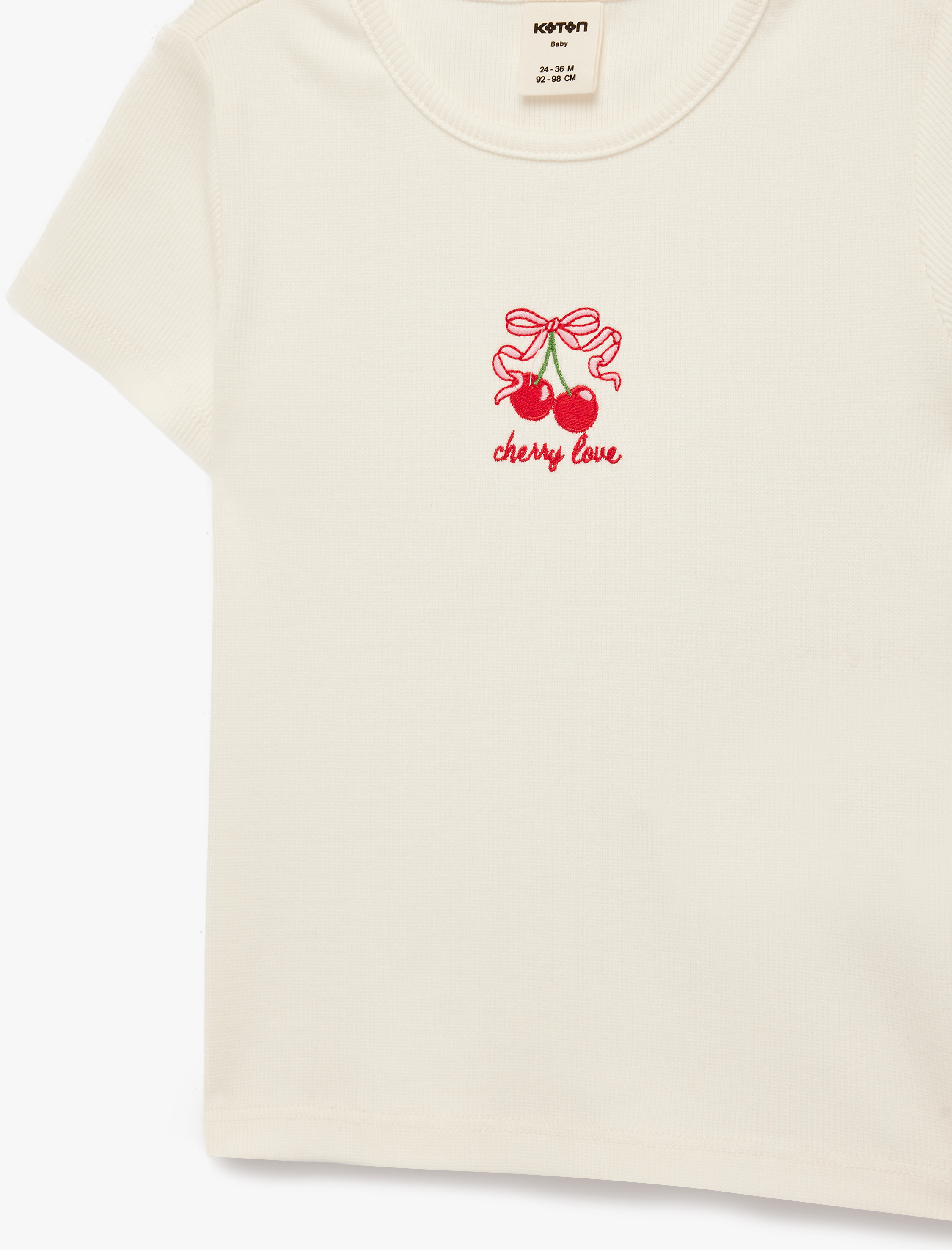  Kız Bebek Kısa Kollu Bisiklet Yaka Kiraz Nakışlı Pamuklu Tişört