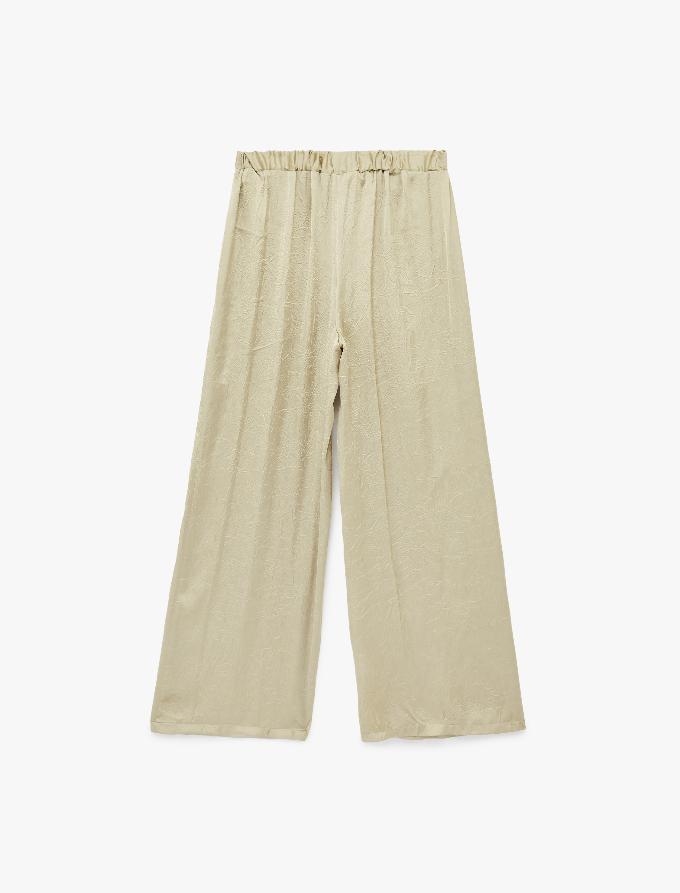   Bol Kesim Yüksek Bel Geniş Paça Dokulu Saten Pantolon