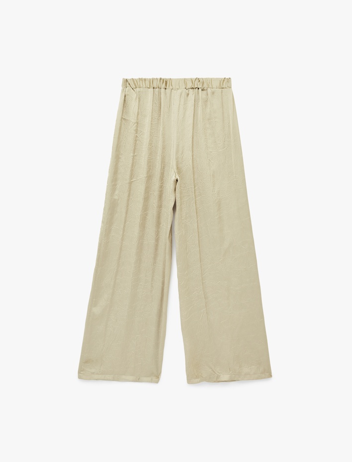  Bol Kesim Yüksek Bel Geniş Paça Dokulu Saten Pantolon