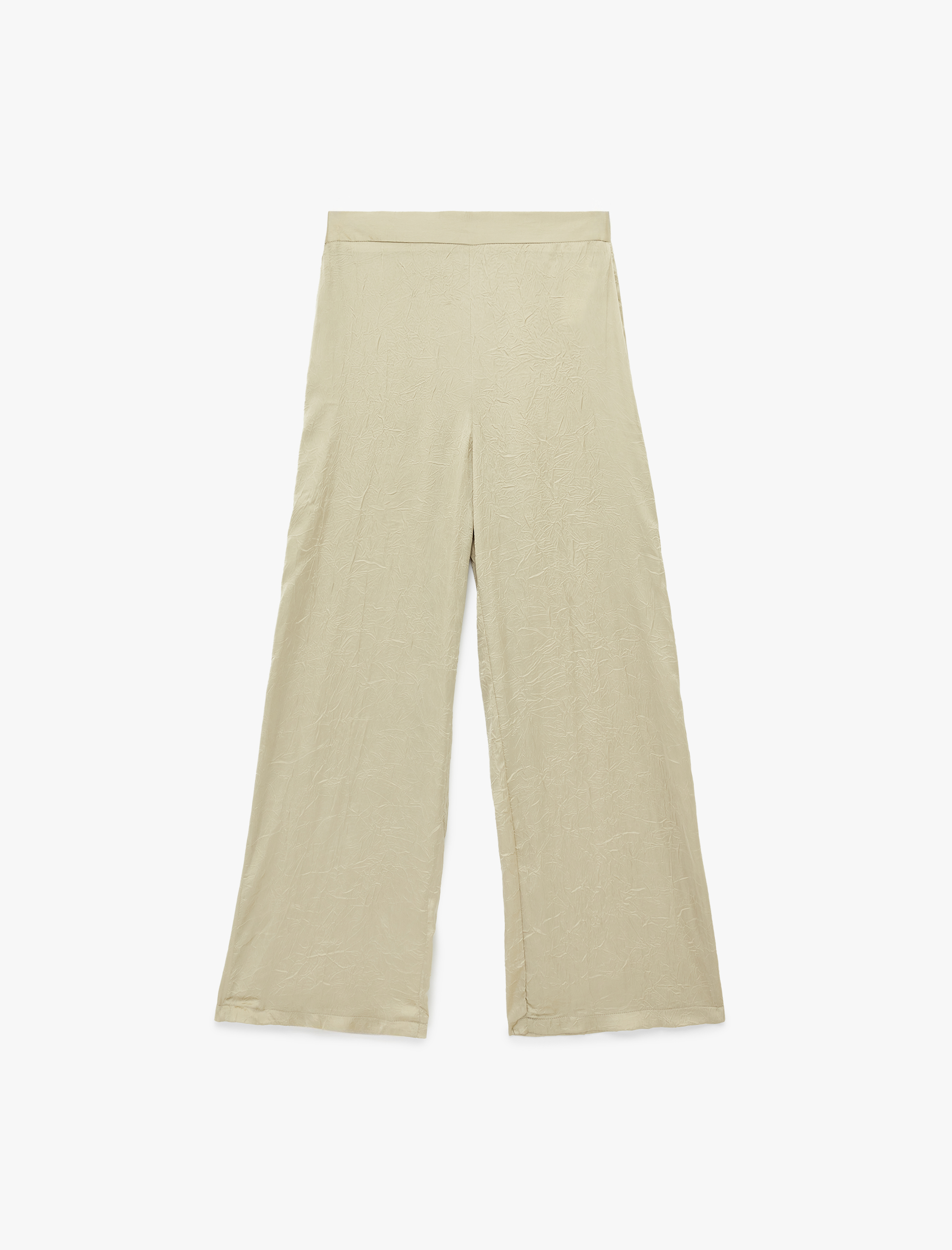   Bol Kesim Yüksek Bel Geniş Paça Dokulu Saten Pantolon