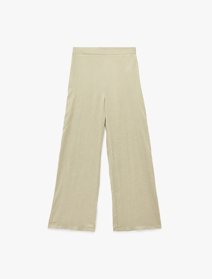  Bol Kesim Yüksek Bel Geniş Paça Dokulu Saten Pantolon