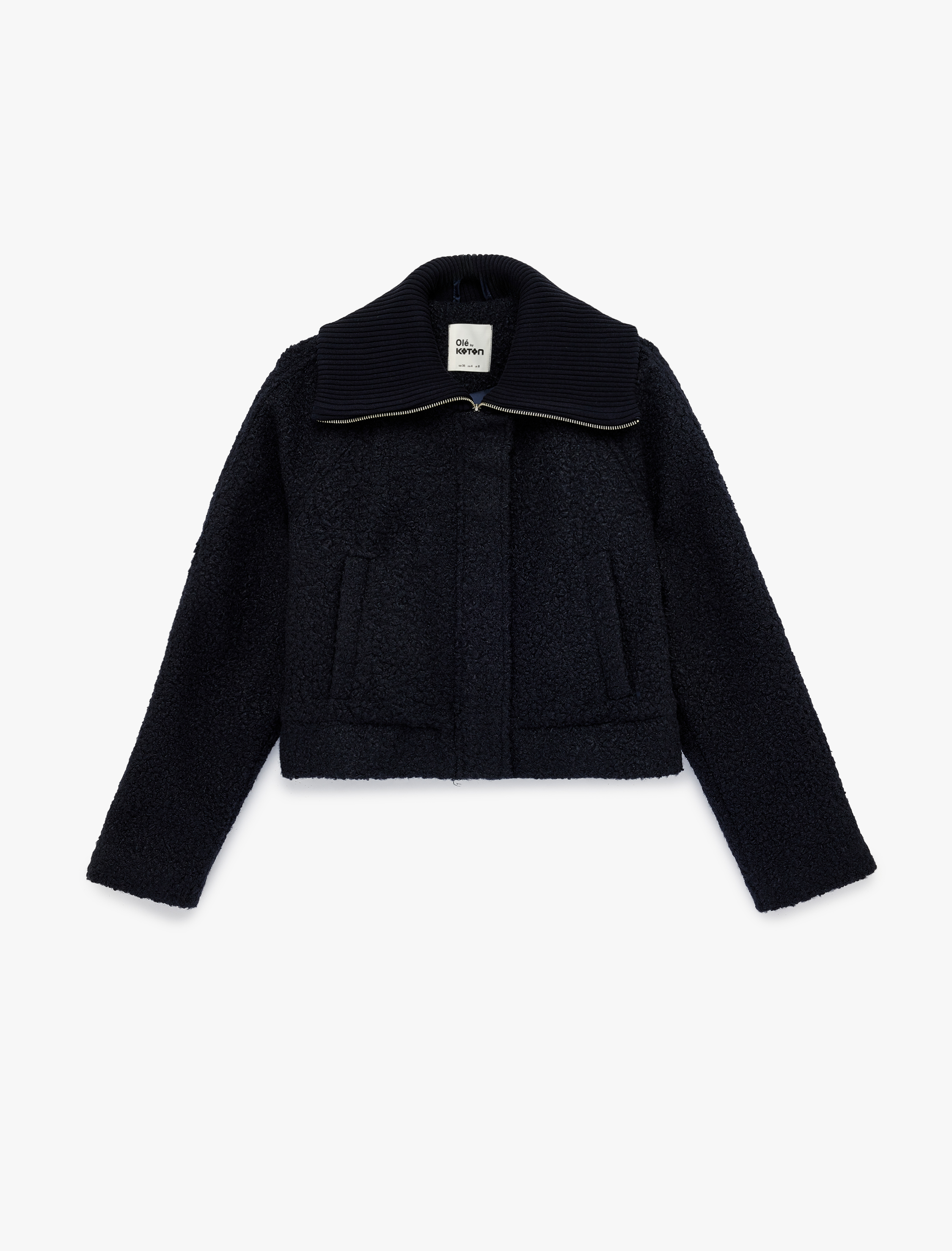   Uzun Kollu Fermuarlı Cep Detaylı Geniş Yaka Crop Ceket