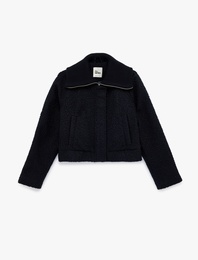 Uzun Kollu Fermuarlı Cep Detaylı Geniş Yaka Crop Ceket