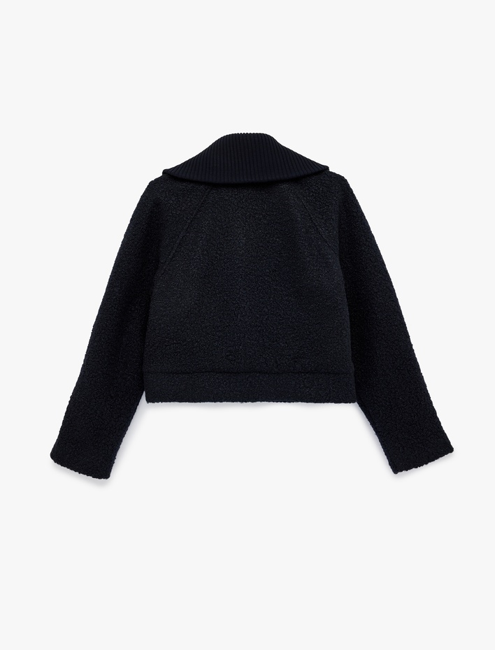  Uzun Kollu Fermuarlı Cep Detaylı Geniş Yaka Crop Ceket