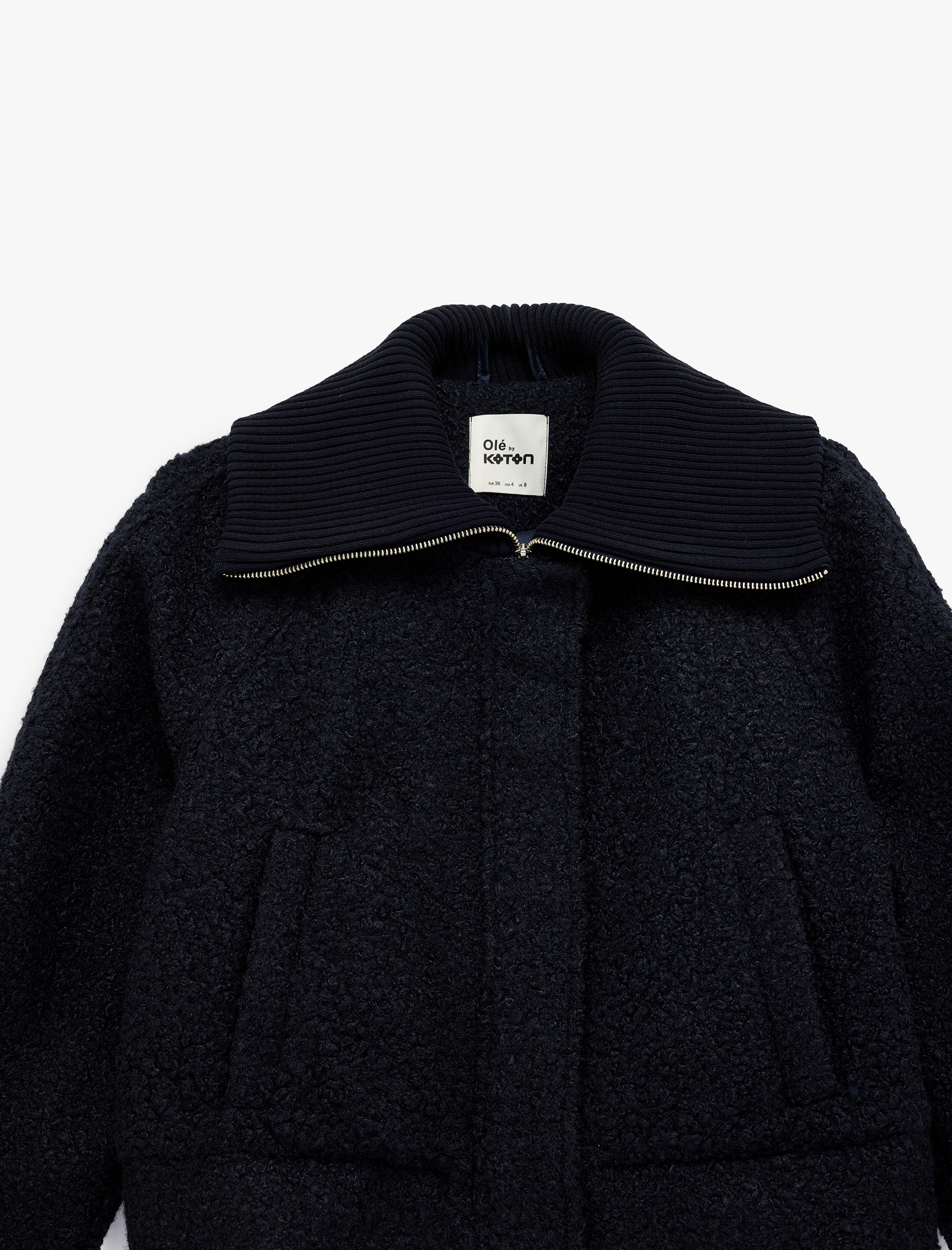   Uzun Kollu Fermuarlı Cep Detaylı Geniş Yaka Crop Ceket