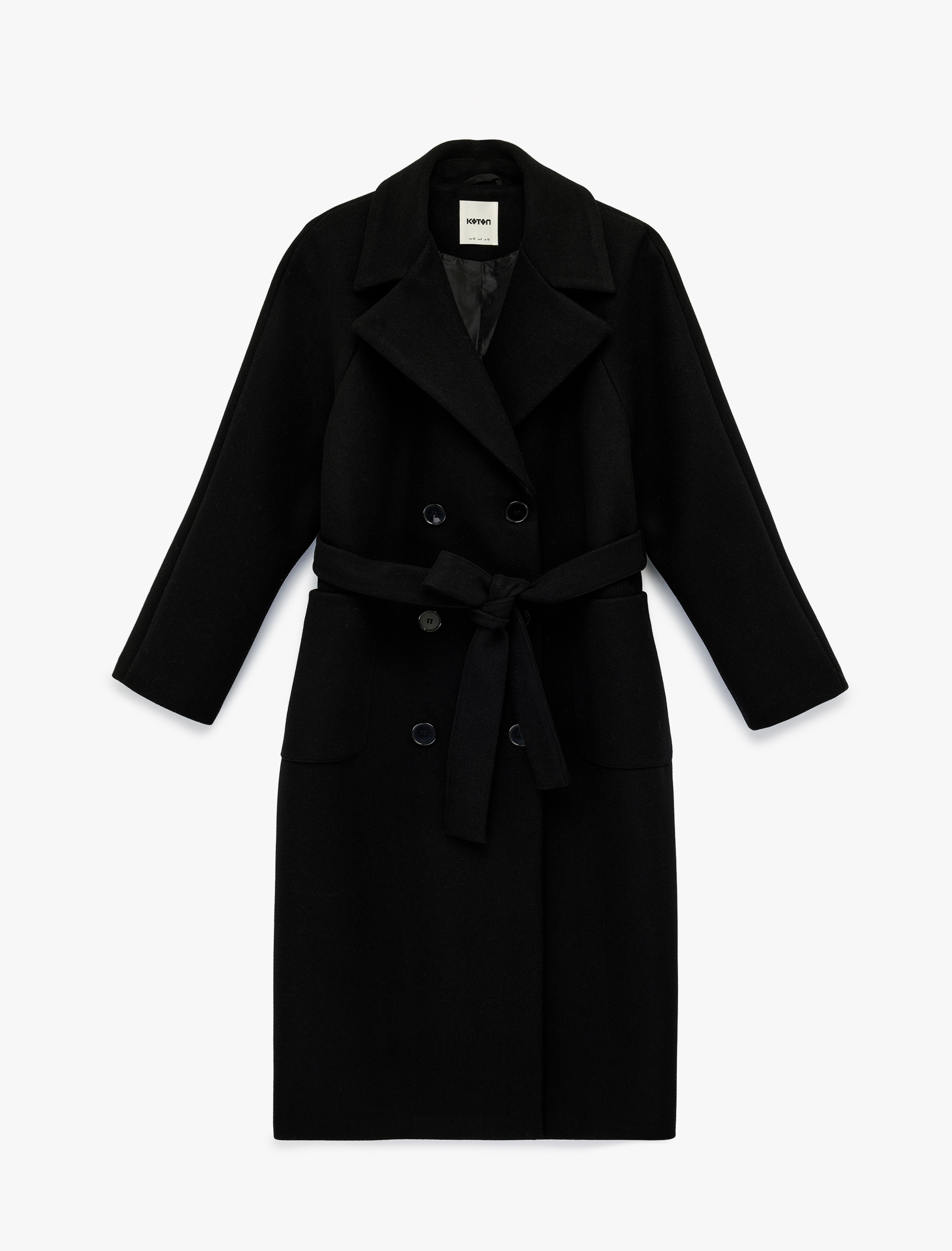   Kemerli Kaşe Kaban Kruvaze Düğmeli Uzun Kollu Cepli