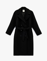 Kemerli Kaşe Kaban Kruvaze Düğmeli Uzun Kollu Cepli