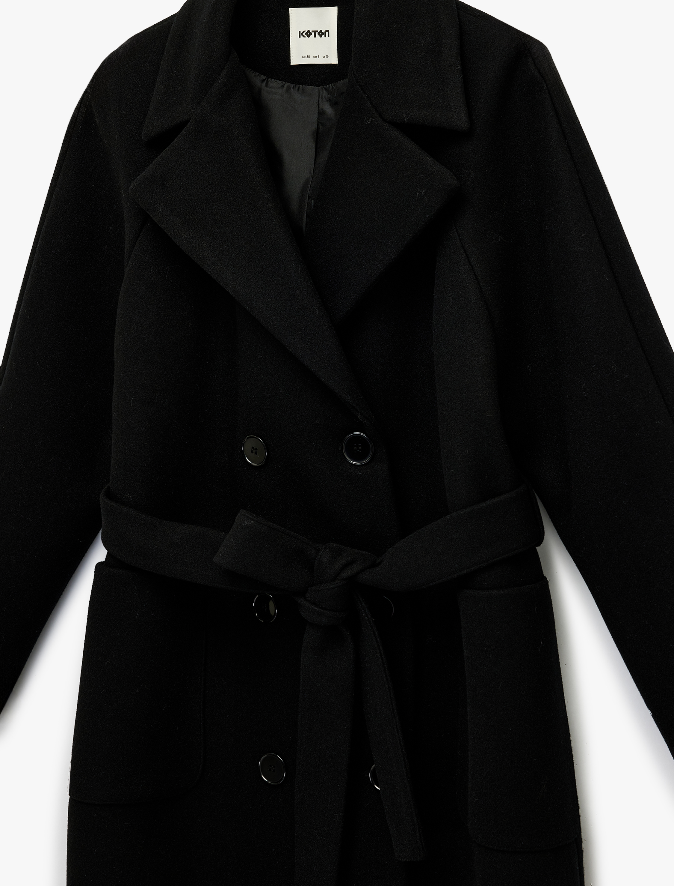   Kemerli Kaşe Kaban Kruvaze Düğmeli Uzun Kollu Cepli