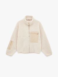 Uzun Kollu Fermuarlı Cep Detaylı Oversize Peluş Ceket