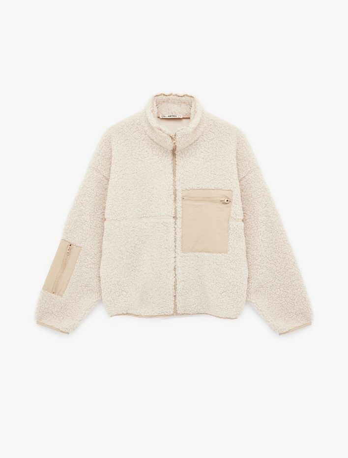  Uzun Kollu Fermuarlı Cep Detaylı Oversize Peluş Ceket