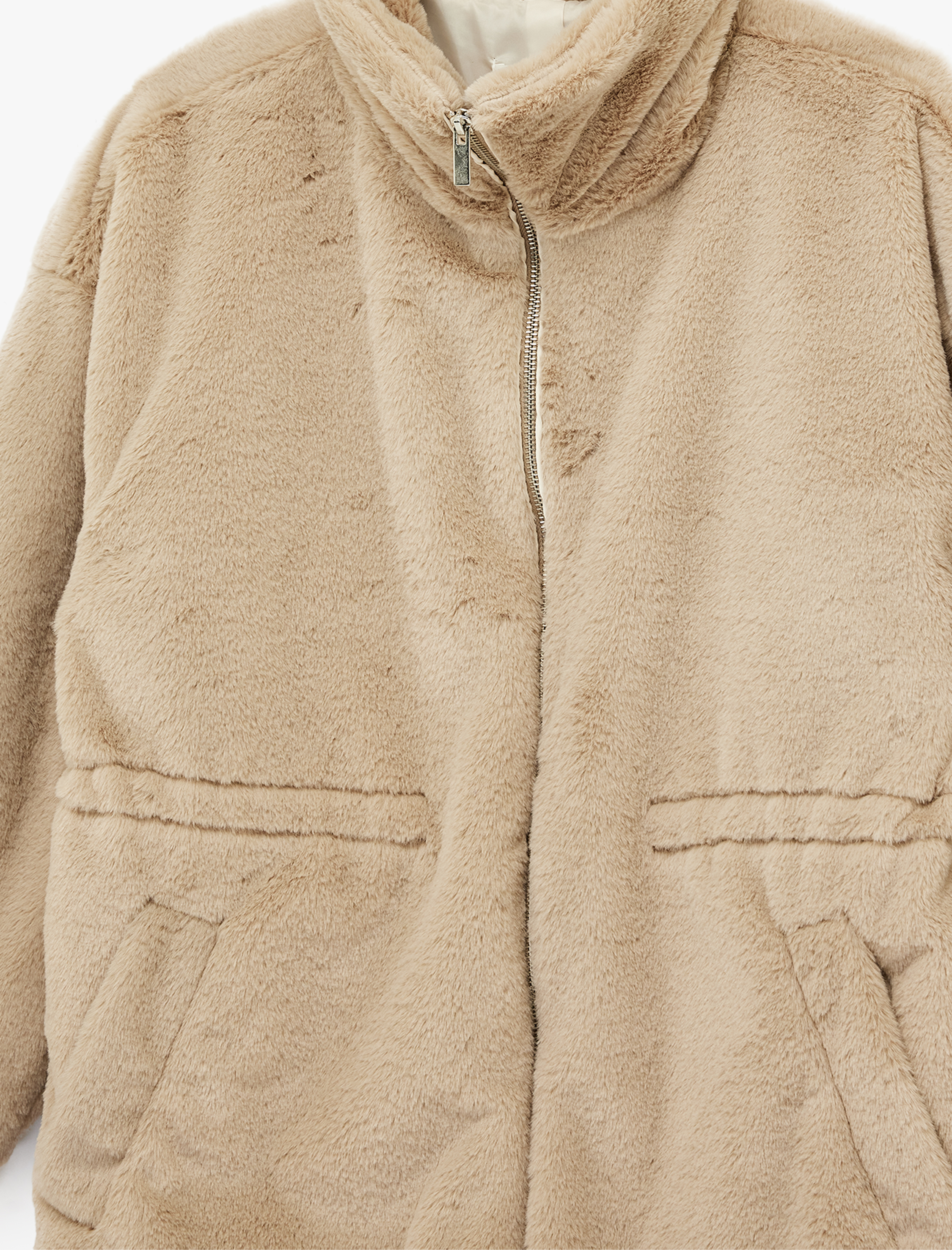   Fermuarlı Cep Detaylı Dik Yaka Beli Lastikli Peluş Ceket