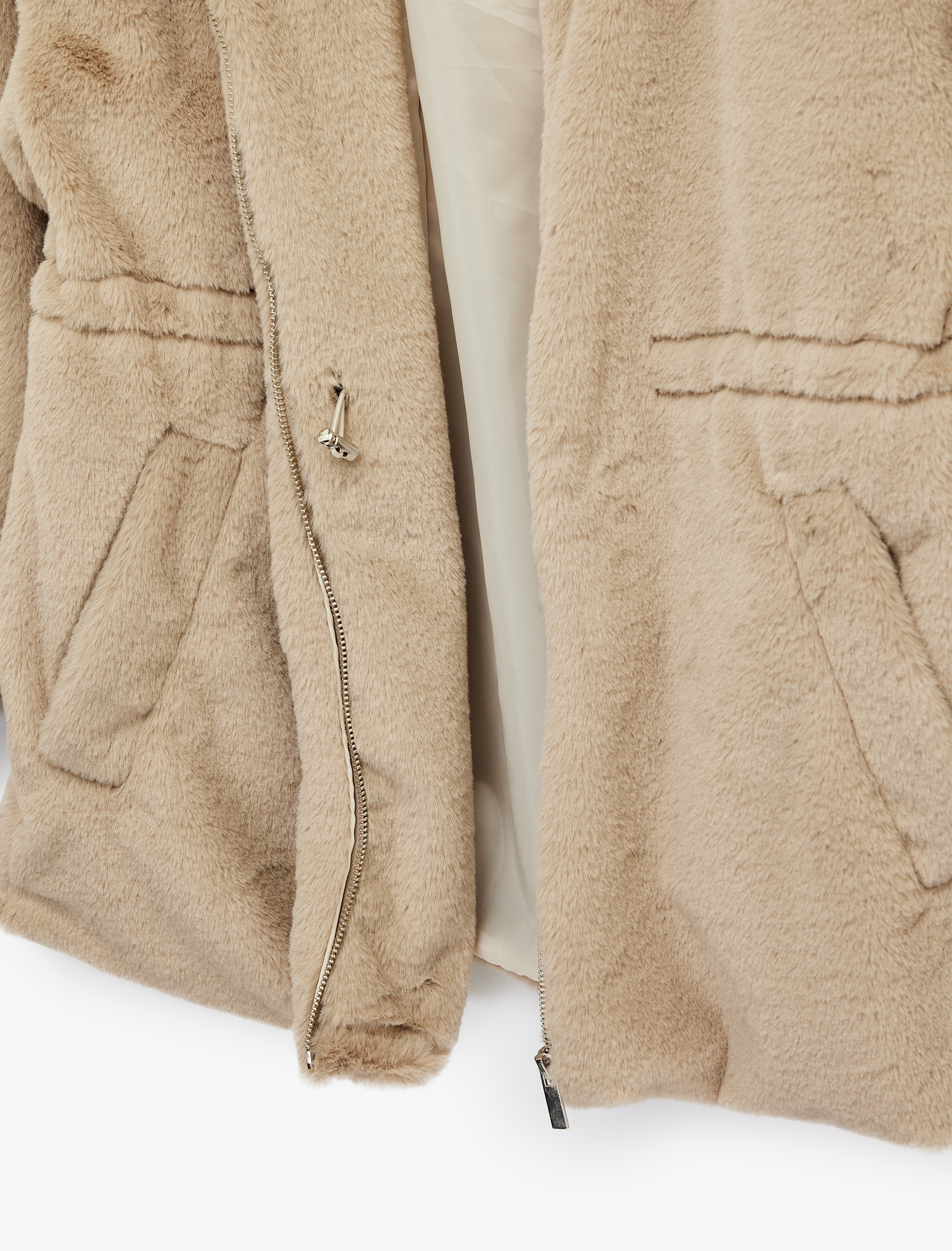   Fermuarlı Cep Detaylı Dik Yaka Beli Lastikli Peluş Ceket