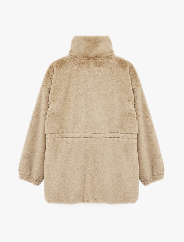  Fermuarlı Cep Detaylı Dik Yaka Beli Lastikli Peluş Ceket