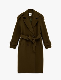 Kemerli Trenç Kaban Kaşe Kruvaze Düğmeli Uzun Kollu