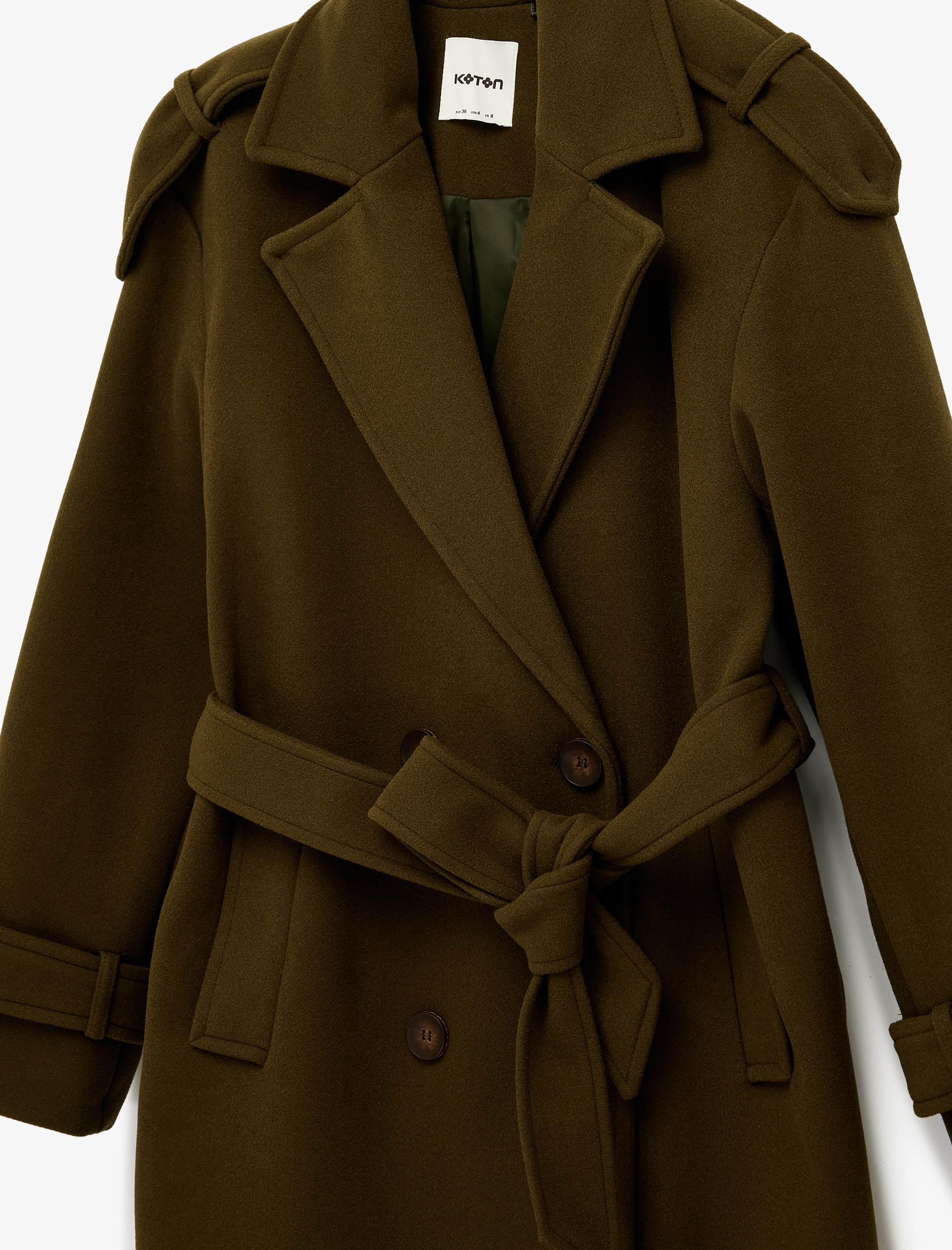   Kemerli Trenç Kaban Kaşe Kruvaze Düğmeli Uzun Kollu