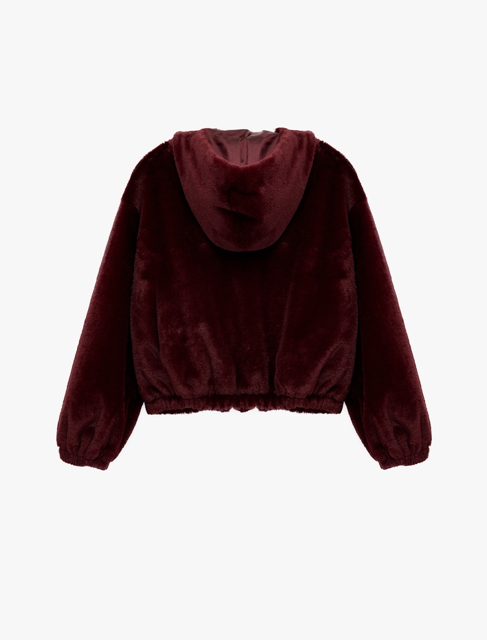  Uzun Kollu Kapüşonlu Fermuarlı Suni Kürk Crop Ceket