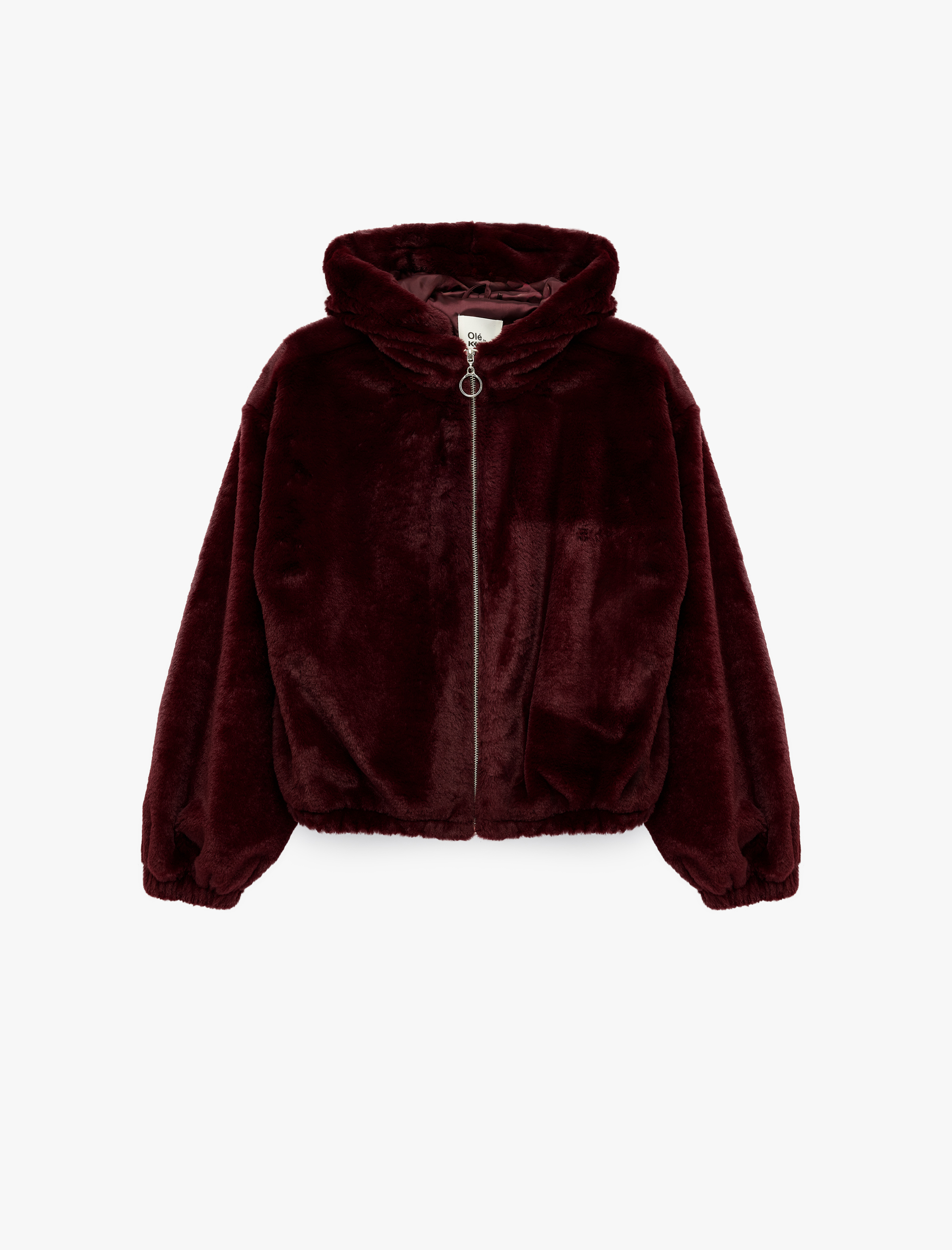   Uzun Kollu Kapüşonlu Fermuarlı Suni Kürk Crop Ceket