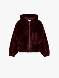 Uzun Kollu Kapüşonlu Fermuarlı Suni Kürk Crop Ceket