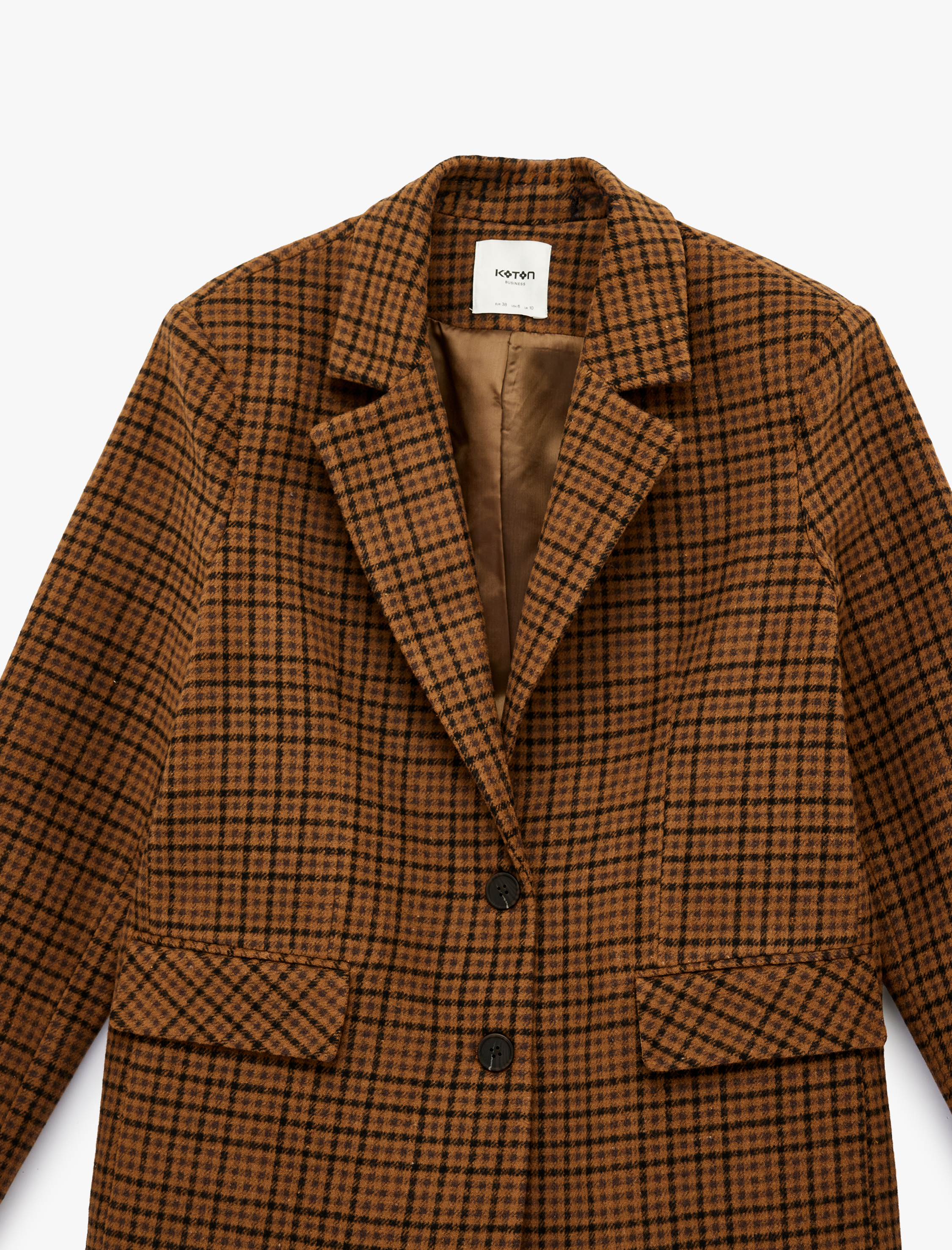   Cep Detaylı Geniş Yaka Düğmeli Uzun Kollu Ekoseli Blazer Ceket