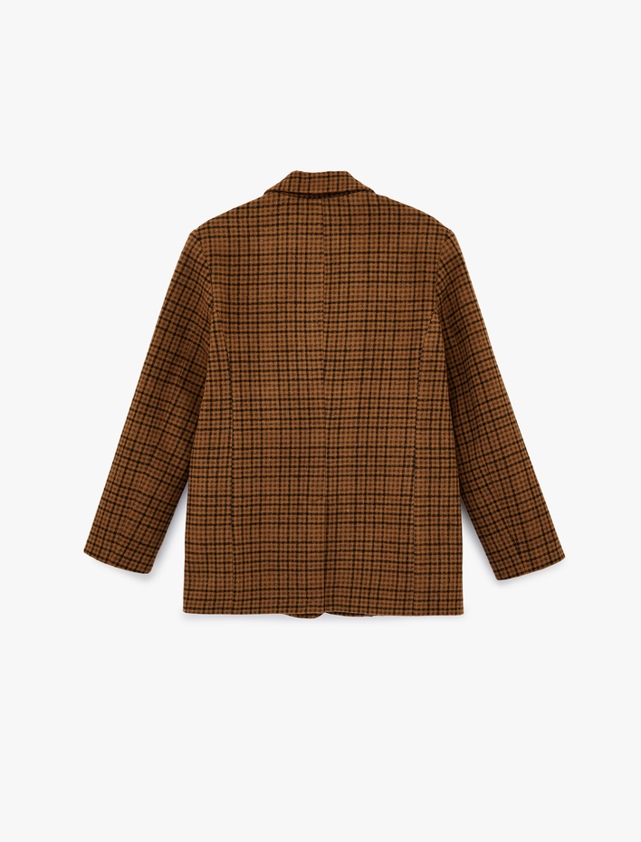  Cep Detaylı Geniş Yaka Düğmeli Uzun Kollu Ekoseli Blazer Ceket