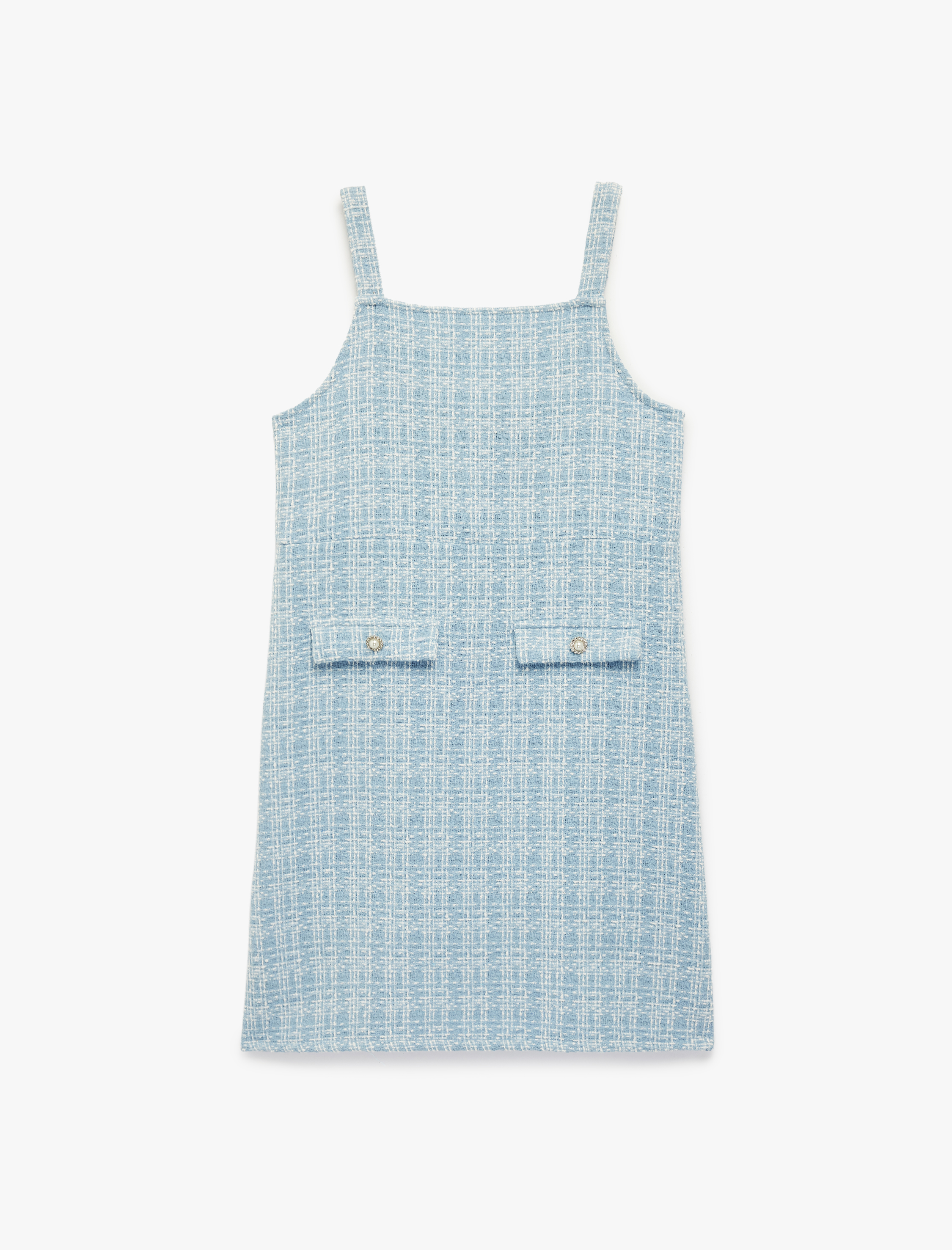  Kız Çocuk Kare Yaka Cep Detaylı Tüvit Jile Elbise