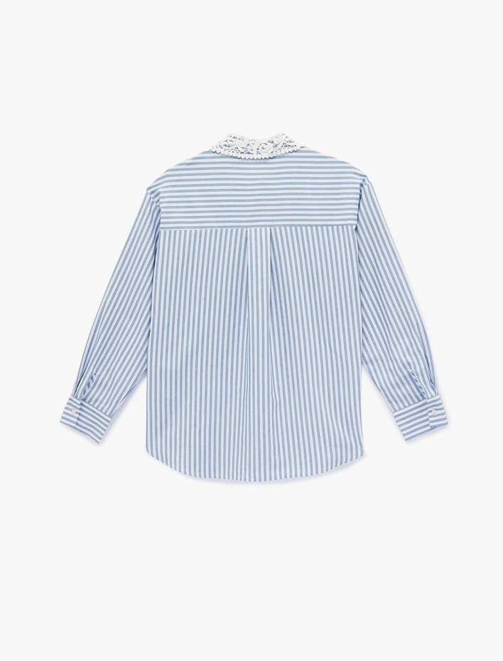  Regular Fit Uzun Kollu Dantel Yaka Çizgili Poplin Gömlek