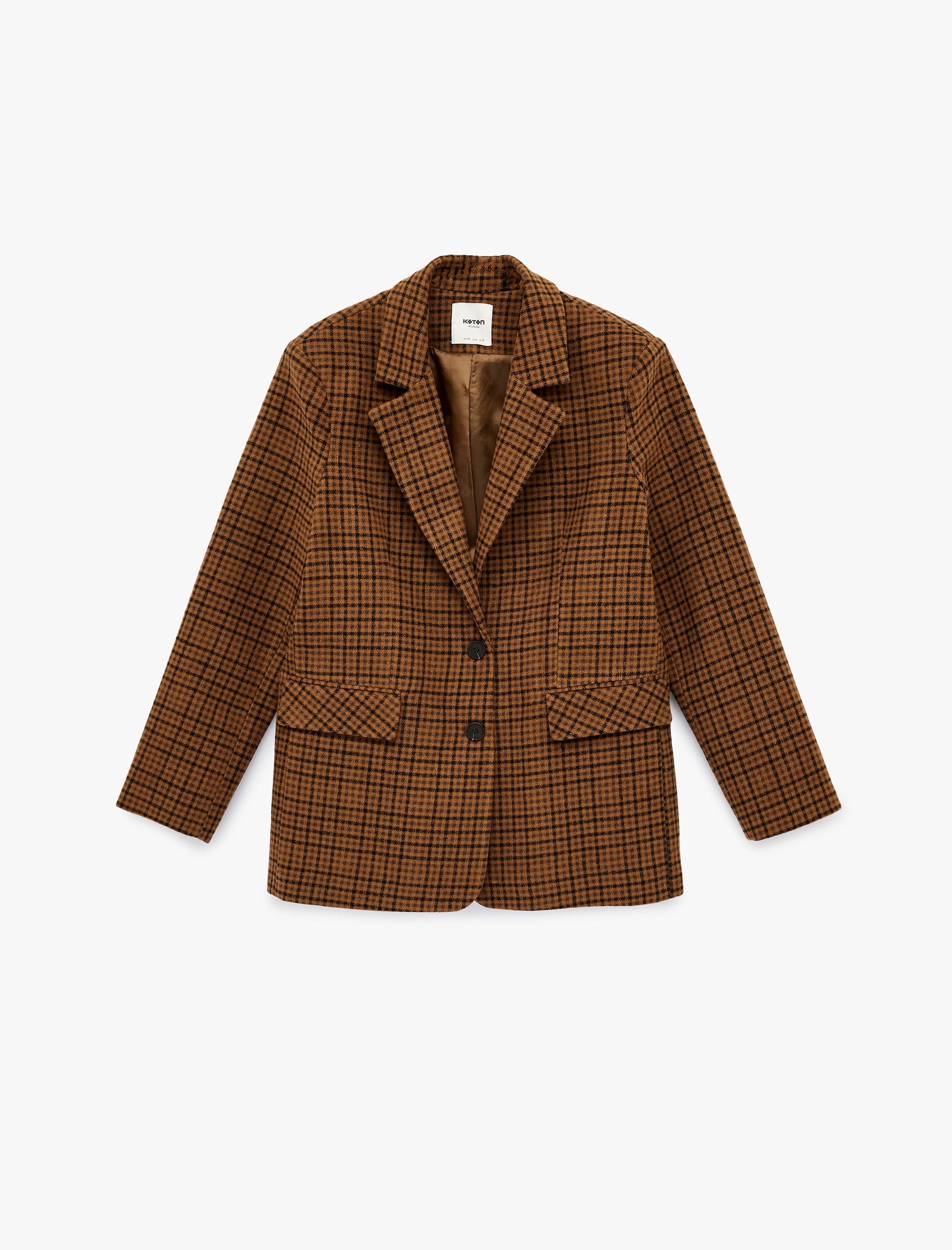   Cep Detaylı Geniş Yaka Düğmeli Uzun Kollu Ekoseli Blazer Ceket