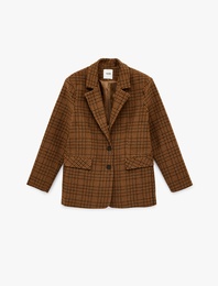 Cep Detaylı Geniş Yaka Düğmeli Uzun Kollu Ekoseli Blazer Ceket