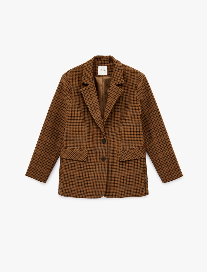  Cep Detaylı Geniş Yaka Düğmeli Uzun Kollu Ekoseli Blazer Ceket