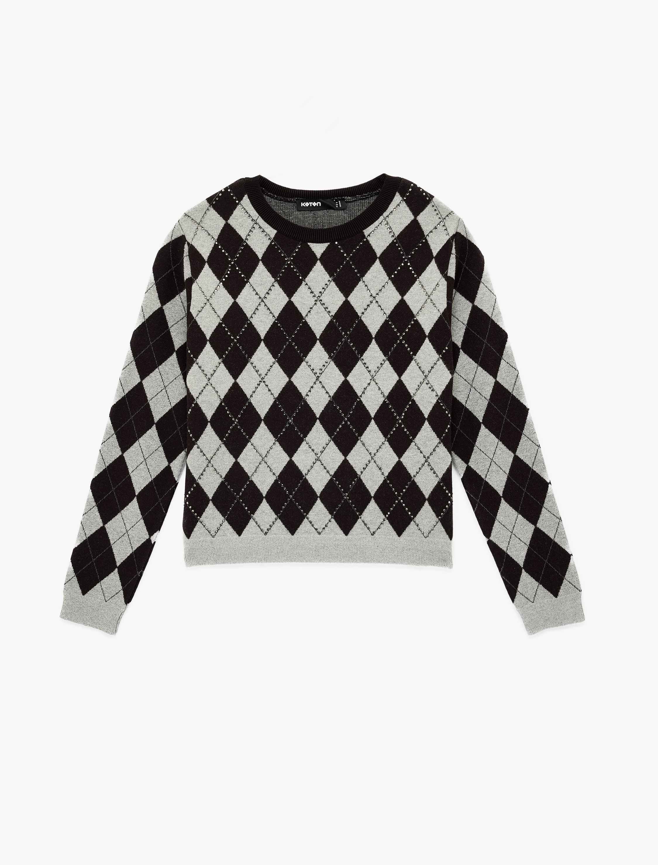   Uzun Kollu Bisiklet Yaka Baklava Desenli Taş Detaylı Triko Kazak