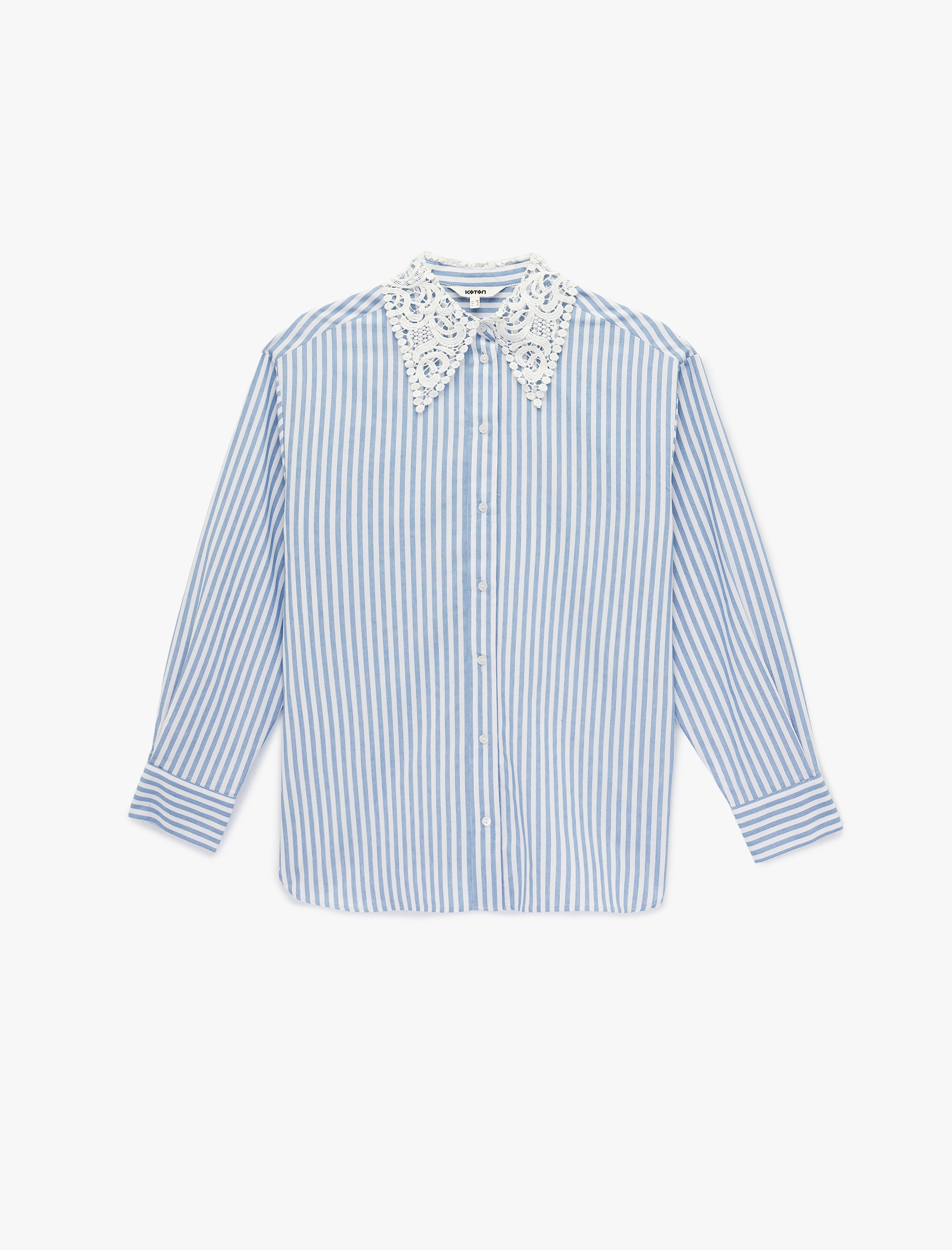   Regular Fit Uzun Kollu Dantel Yaka Çizgili Poplin Gömlek