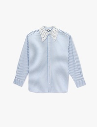 Regular Fit Uzun Kollu Dantel Yaka Çizgili Poplin Gömlek