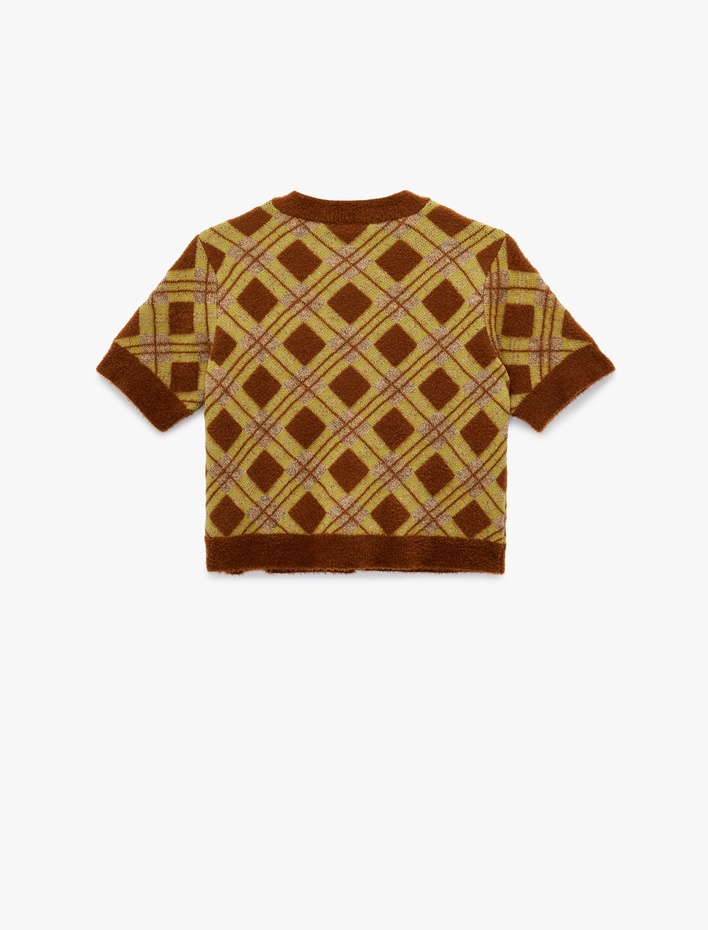  Düğmeli Bisiklet Yaka Kısa Kollu Baklava Desenli Triko Hırka