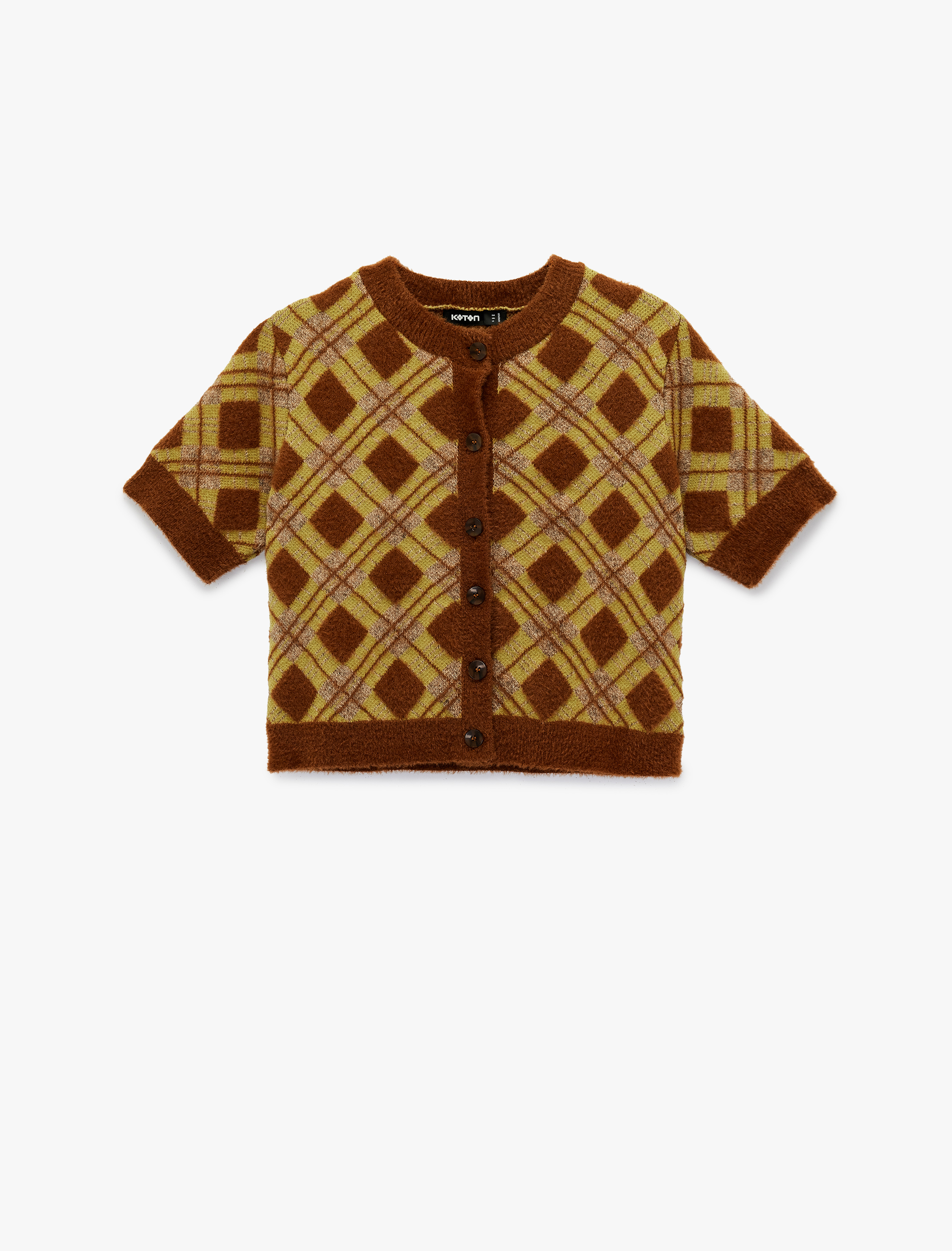   Düğmeli Bisiklet Yaka Kısa Kollu Baklava Desenli Triko Hırka