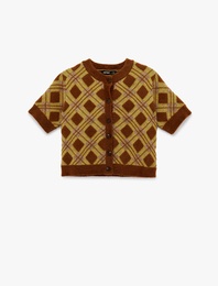 Düğmeli Bisiklet Yaka Kısa Kollu Baklava Desenli Triko Hırka