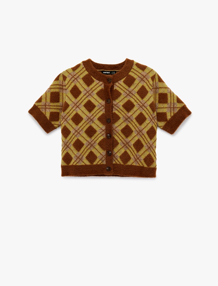  Düğmeli Bisiklet Yaka Kısa Kollu Baklava Desenli Triko Hırka