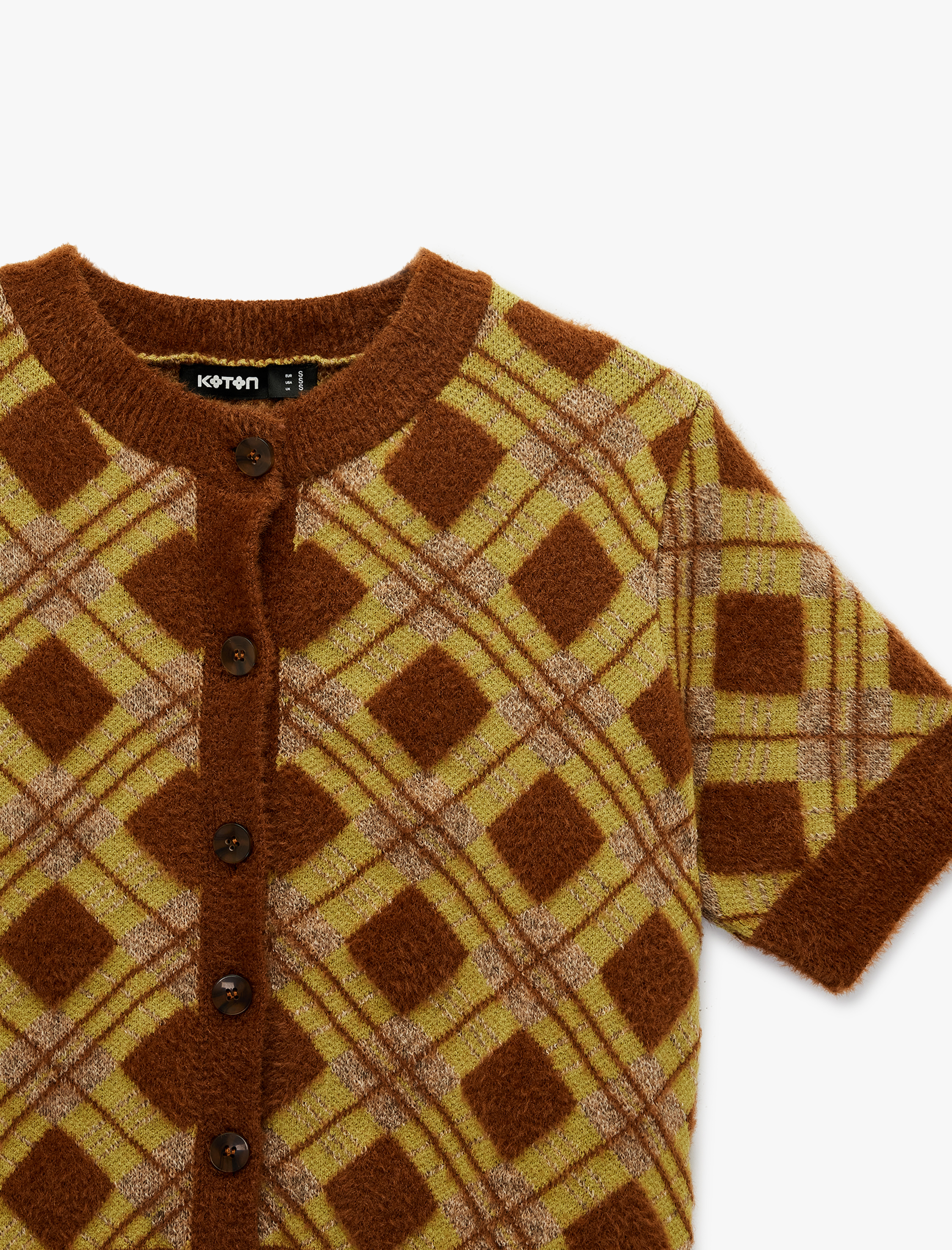   Düğmeli Bisiklet Yaka Kısa Kollu Baklava Desenli Triko Hırka