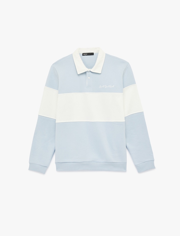  Uzun Kollu İşlemeli Renk Bloklu Polo Yaka Sweatshirt