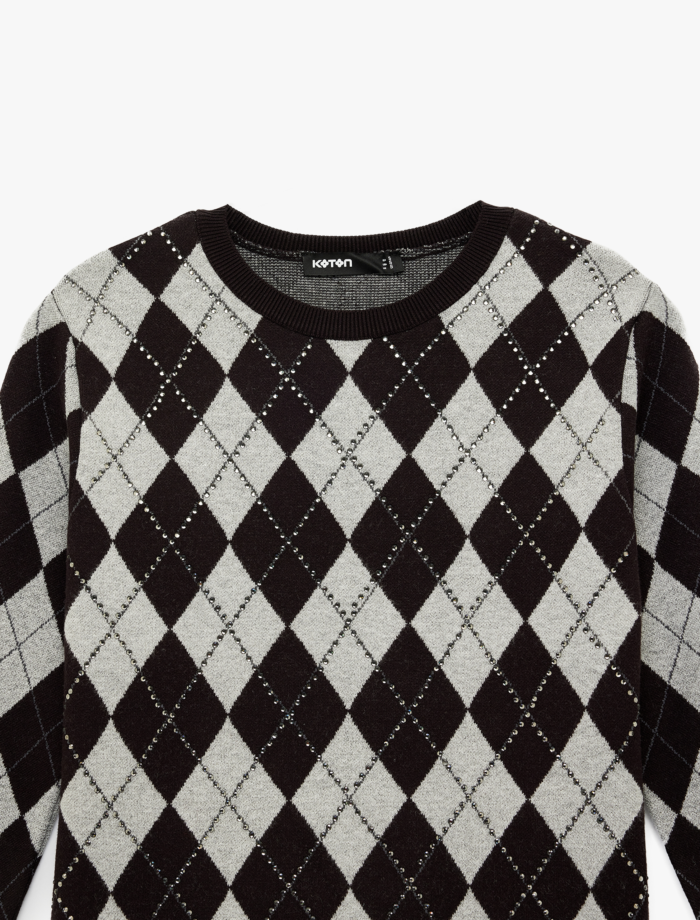   Uzun Kollu Bisiklet Yaka Baklava Desenli Taş Detaylı Triko Kazak