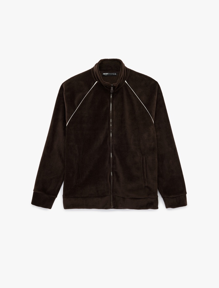  Uzun Kollu Cepli Fermuarlı Dik Yaka Polar Hırka