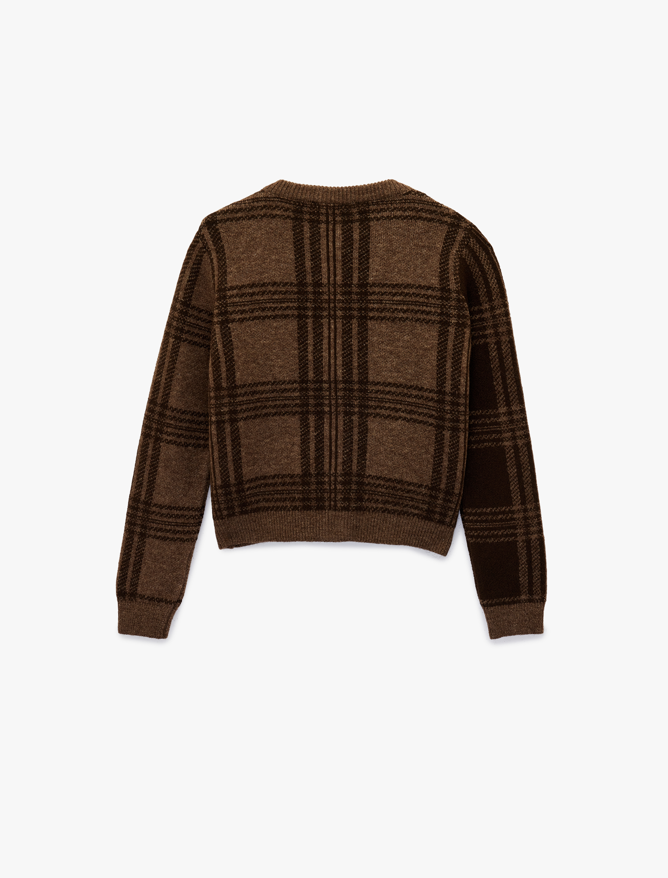   Düğmeli Uzun Kollu Bisiklet Yaka Kareli Triko Hırka