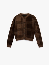 Düğmeli Uzun Kollu Bisiklet Yaka Kareli Triko Hırka