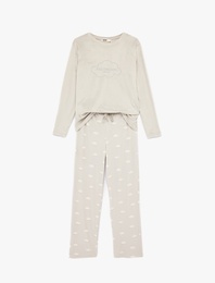 Uzun Kollu Bisiklet Yaka Rahat Kalıp Bulutlu Pijama Takımı
