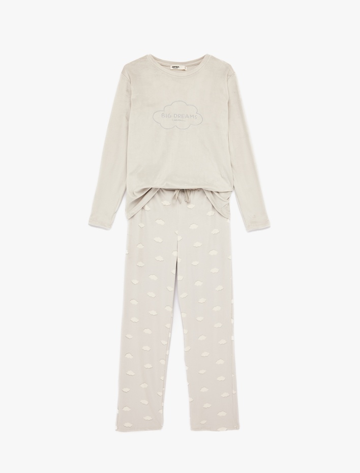  Uzun Kollu Bisiklet Yaka Rahat Kalıp Bulutlu Pijama Takımı