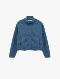 Dik Yaka Uzun Kollu Cepli Fermuarlı Oversize Peluş Bomber Ceket