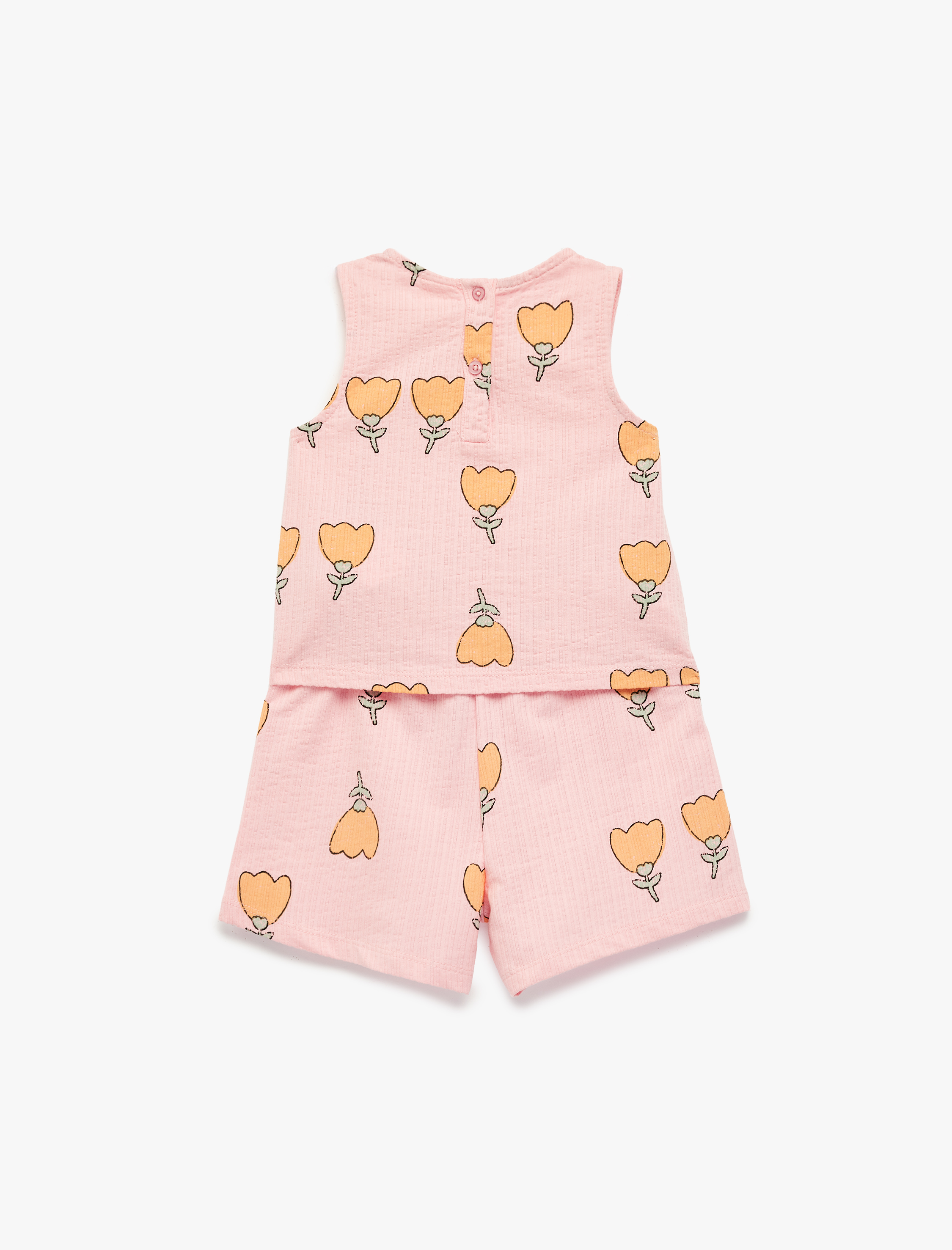  Kız Bebek Pamuklu Bisiklet Yaka Çiçekli 2'li Şort ve Tişört Takımı