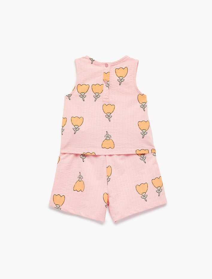 Kız Bebek Pamuklu Bisiklet Yaka Çiçekli 2'li Şort ve Tişört Takımı