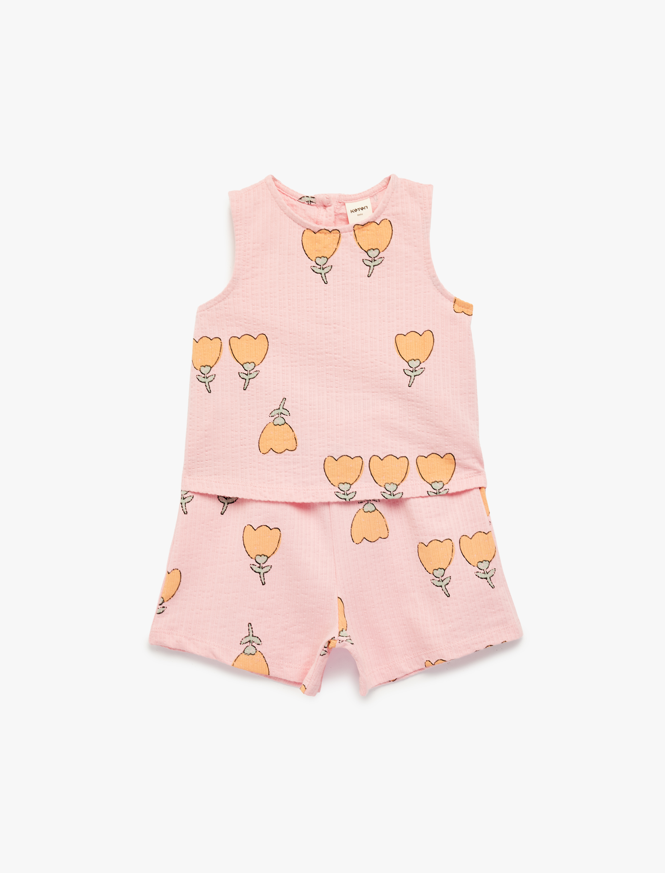  Kız Bebek Pamuklu Bisiklet Yaka Çiçekli 2'li Şort ve Tişört Takımı